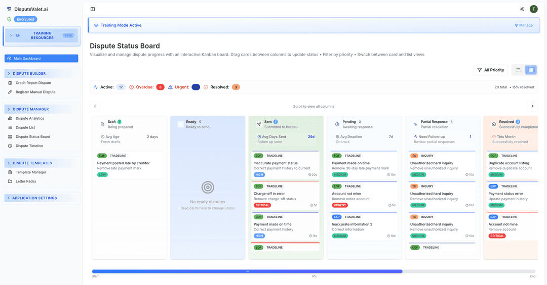 Kanban-style dispute tracking dashboard